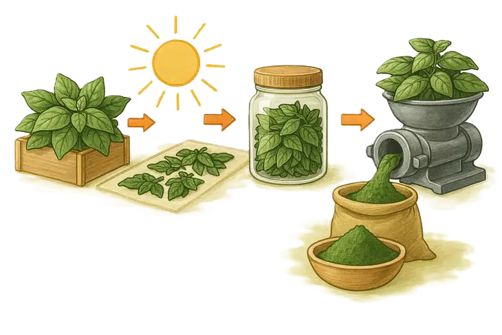 Fesleğen tozu nedir ve nasıl yapılır sorusuna cevap veren bir görsel